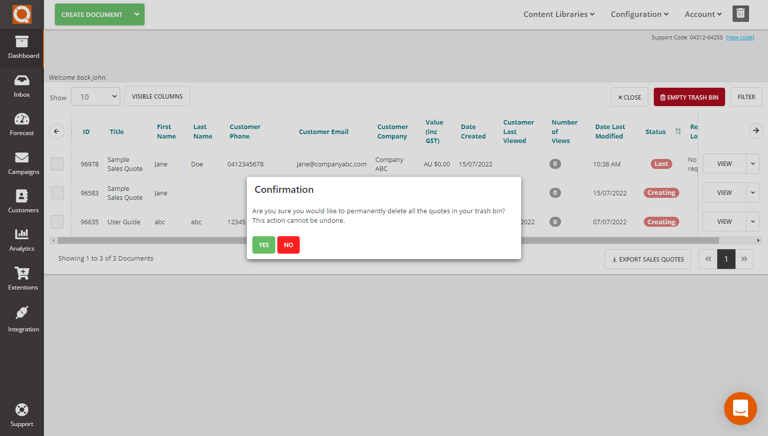 QuoteCloud - Sales Quote, Sales Proposal and Contracts Software - Deleting Sales Quotes (Java Edition) - illustration 8b8ce05f-04d6-4398-8072-2a4703f09d15