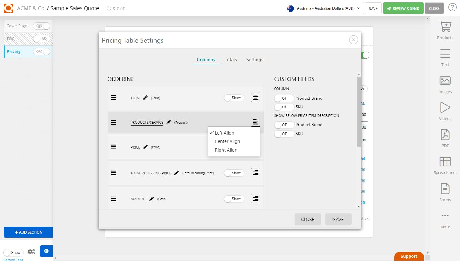 QuoteCloud - Sales Quote, Sales Proposal and Contracts Software - Set the Column Alignment in a Price Table (Java Edition) - illustration bd0563ae-e59c-4373-bb05-2e372c03503b