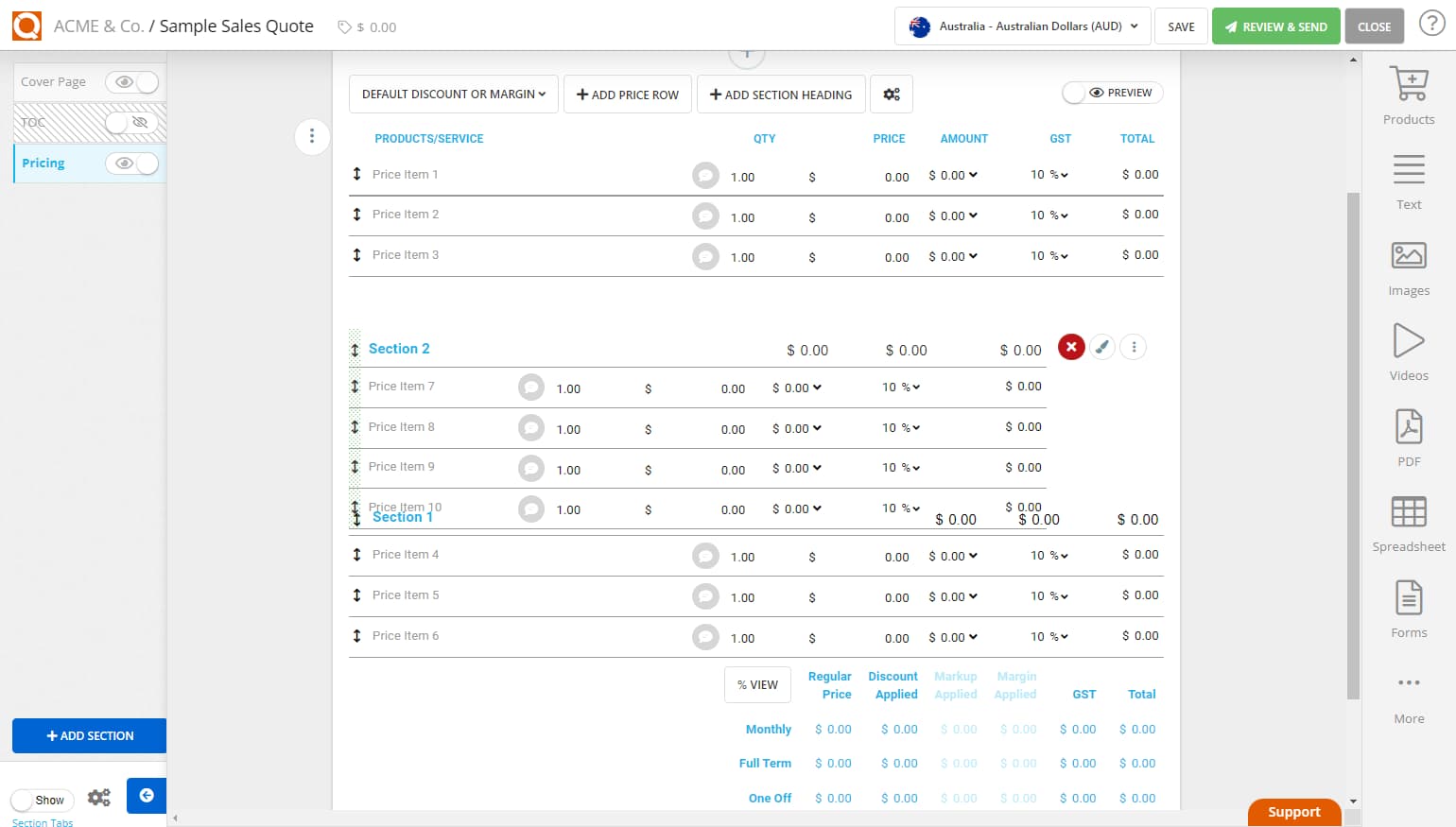QuoteCloud - Sales Quote, Sales Proposal and Contracts Software - Sorting Sections (Sub-Headings and Grouped Price Lines) in a Price Table (Java Edition) - illustration 4fef118b-7cbf-461d-ad80-286b3b5e520d