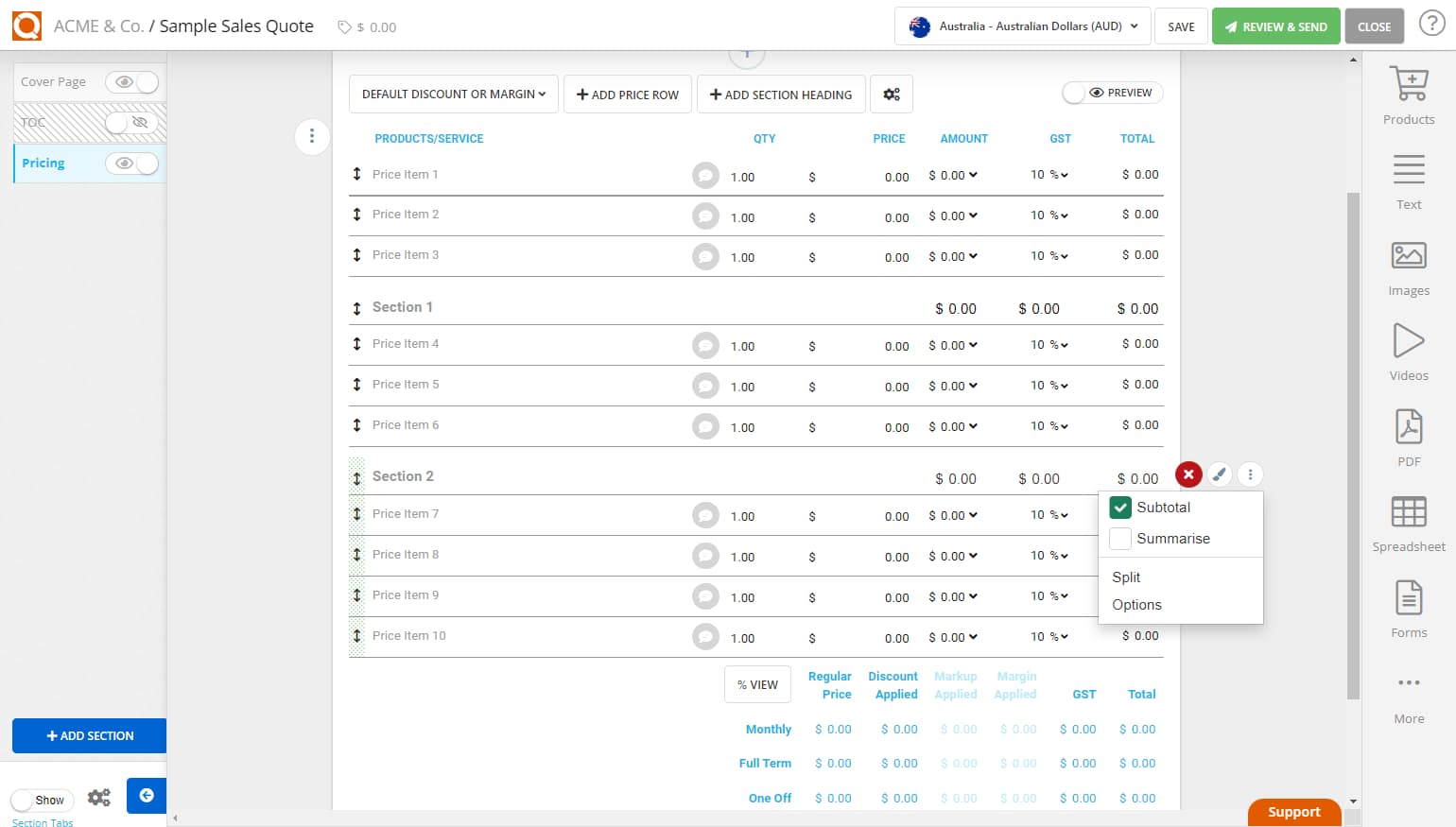 QuoteCloud - Sales Quote, Sales Proposal and Contracts Software - Sorting Sections (Sub-Headings and Grouped Price Lines) in a Price Table (Java Edition) - illustration a1db9f0f-23b2-4ebf-be7a-8ff0de935424