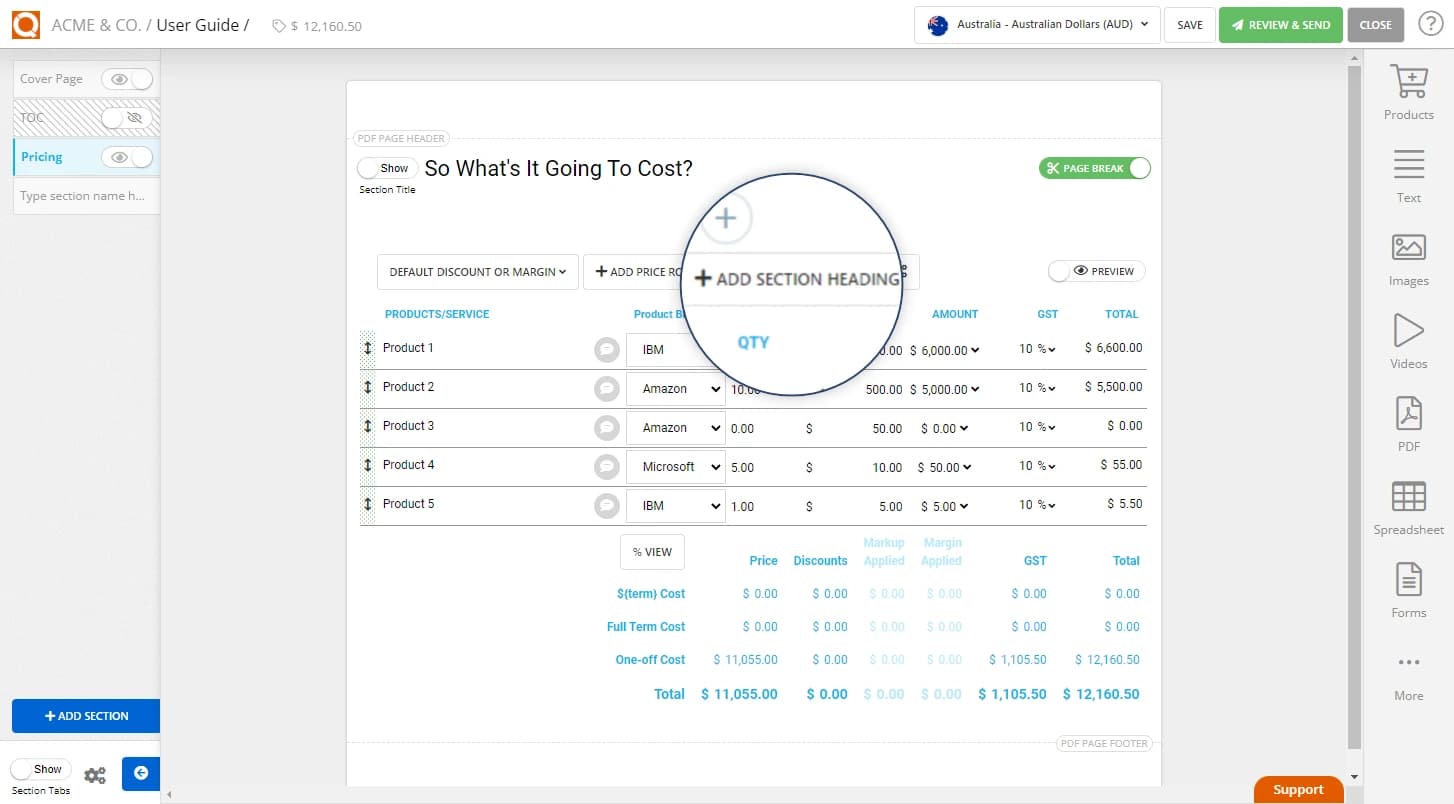 QuoteCloud - Sales Quote, Sales Proposal and Contracts Software - Grouping Price Line Items and Summarising (Hiding) up to a Subheading (Java Edition) - illustration 652e9401-66bb-465a-b944-f9c62f9d9298