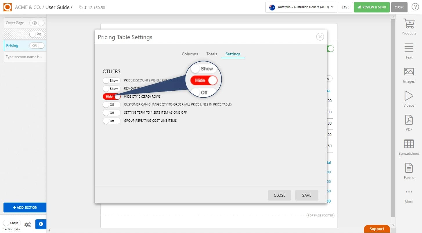 QuoteCloud - Sales Quote, Sales Proposal and Contracts Software - Price Table Settings - Hide Qty 0 (Zero) Price Line items (Java Edition) - illustration 8e89b602-30ab-4058-8c69-bde182f19730