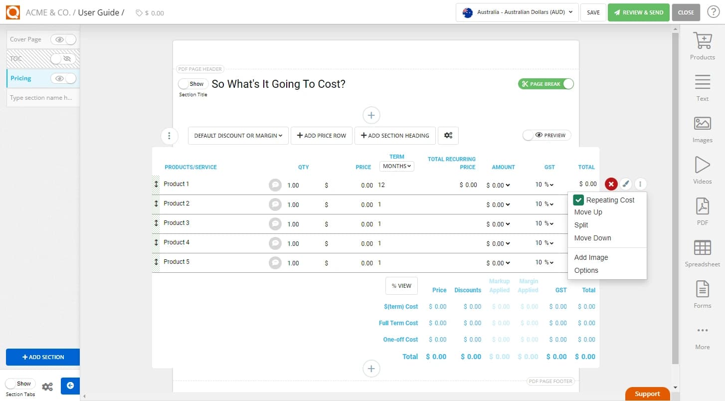 QuoteCloud - Sales Quote, Sales Proposal and Contracts Software - Setting a Repeating Cost in a Sales Quote Price Table (Java Edition) - illustration 214524dd-a982-4c29-a3ef-bba5f9af35ec