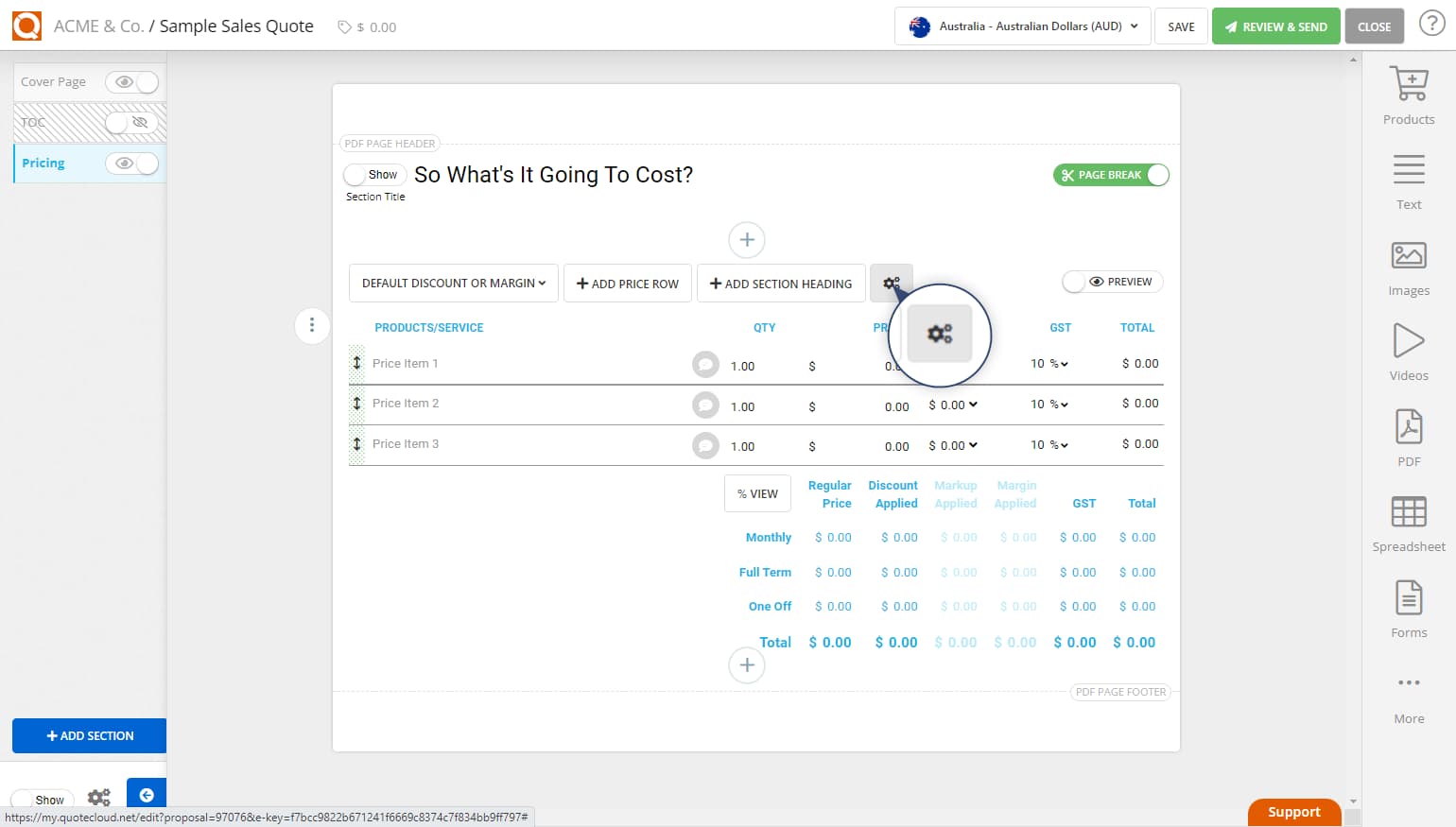 QuoteCloud - Sales Quote, Sales Proposal and Contracts Software - Set the Column Alignment in a Price Table (Java Edition) - illustration 473d6847-d2b9-4089-8905-29d56b46764c