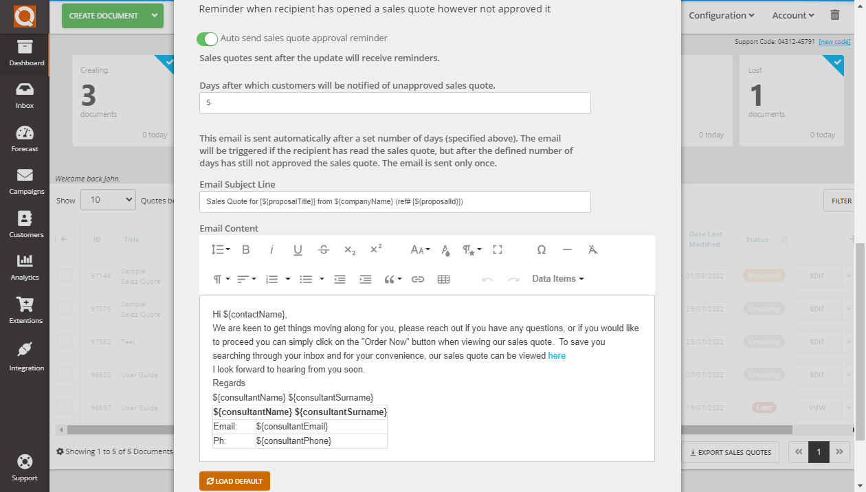 QuoteCloud - Sales Quote, Sales Proposal and Contracts Software - Setup Customer Reminders (Java Edition) - illustration e1c062ae-48fd-4922-8ed0-6a1846438951