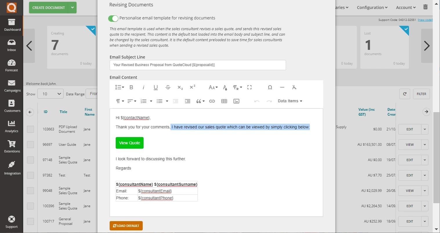 QuoteCloud - Sales Quote, Sales Proposal and Contracts Software - How To Personalise The Default Email Content For Revising Documents (Java Edition) - illustration 9da16f77-37f7-4c7e-b3f8-d67b03ea51d4