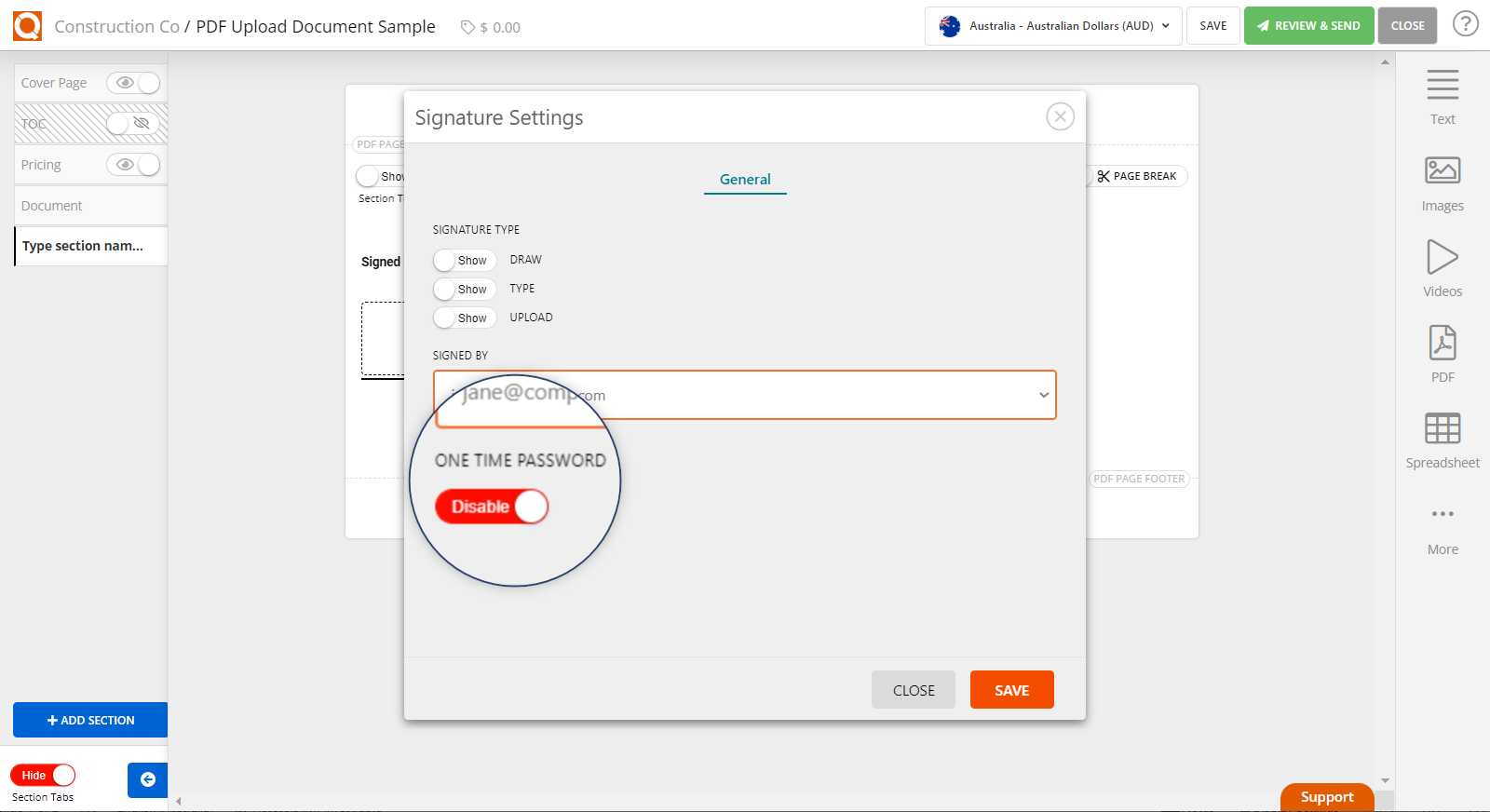QuoteCloud - Sales Quote, Sales Proposal and Contracts Software - How To Enable And Disable The "One-Time Password" For E-signatures In Sales Quotes (Java Edition) - illustration 64e9fd08-2e87-4b5c-a922-0cc110551b78